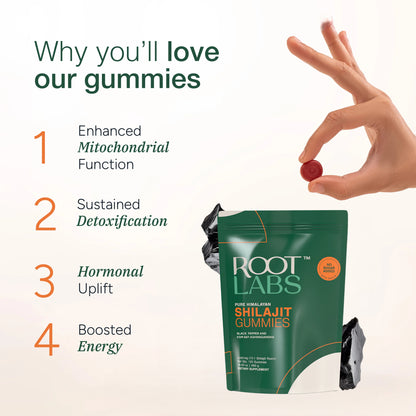 Root Labs Pure Himalayan Shilajit Gummies – 120 Count, Vegan & Sugar-Free Gummy Supplement with KSM-66 Ashwagandha, Gokshura, Ginseng & Black Musli – Energy, Vitality & Testosterone Support